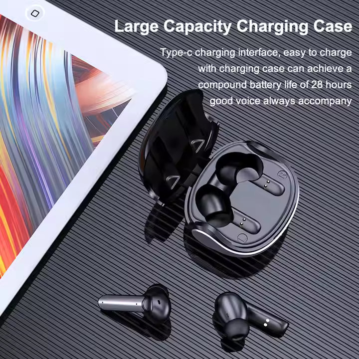 Black wireless earbuds with charging case on a dark surface