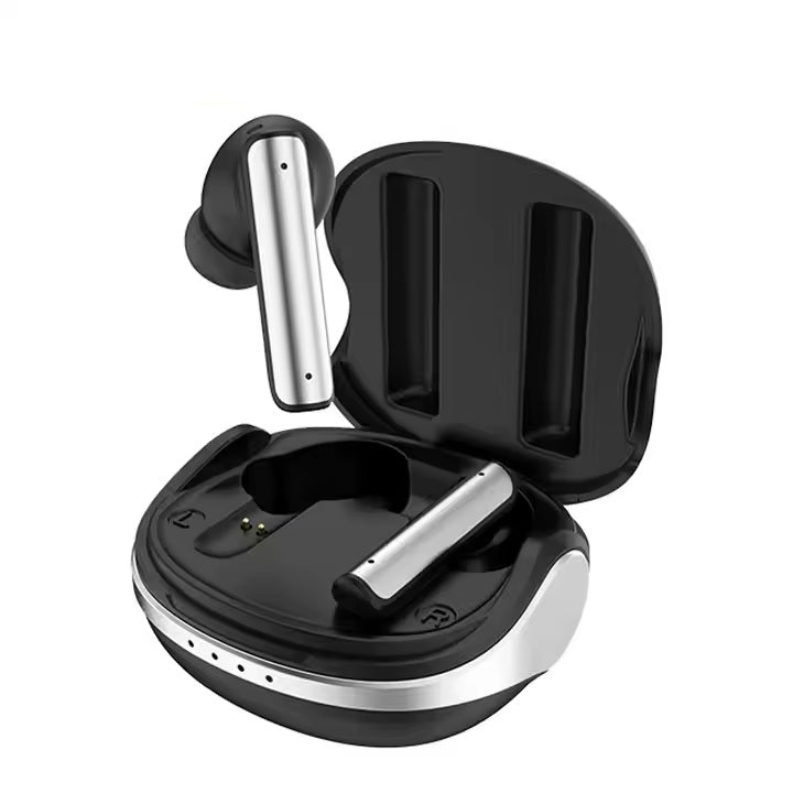 Black wireless earbuds with charging case on a white background