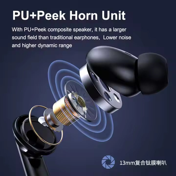 Black earbud with detailed view of the speaker unit on a dark background, featuring text about PU+Peek Horn Unit.