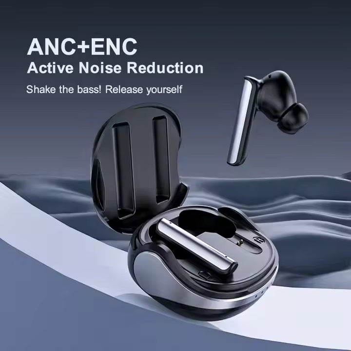 Wireless earbuds with charging case on a wavy surface, featuring Active Noise Reduction text.