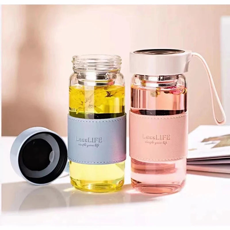 Fashion Green Glass Water Bottle 480ml with Tea Infuser & Insulation Sleeve