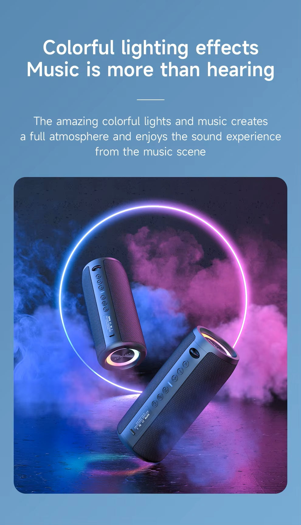 Two cylindrical devices with colorful lighting effects on a blue background