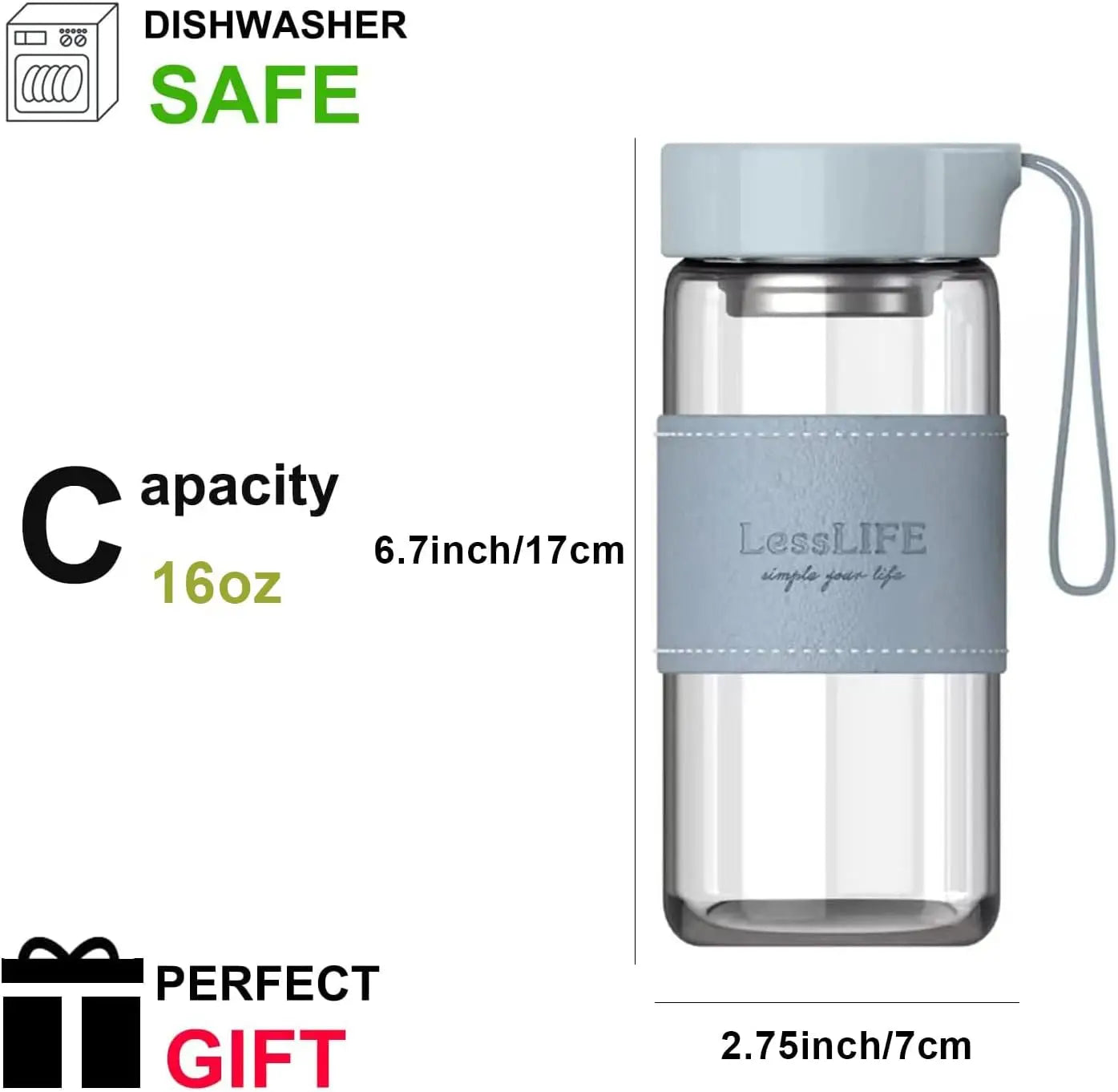 Fashion Green Glass Water Bottle 480ml with Tea Infuser & Insulation Sleeve