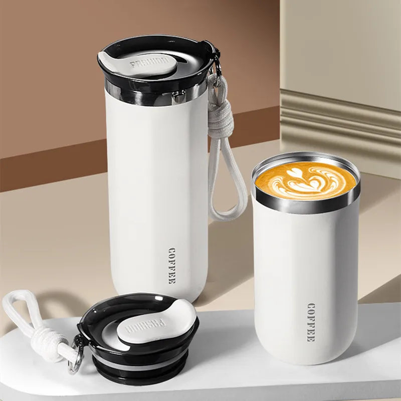 Double Stainless Steel Travel Mug for Coffee/Tea/Cold Drink, Leak Proof with Carry Rope