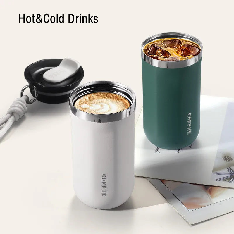Double Stainless Steel Travel Mug for Coffee/Tea/Cold Drink, Leak Proof with Carry Rope