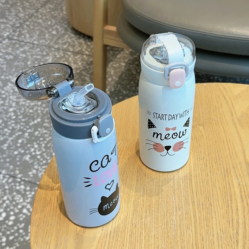 Meow-The Cat Stainless Steel Thermal Flask with Straw for Kids