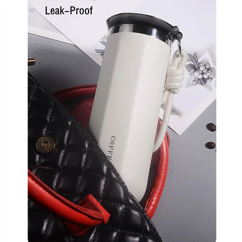Double Stainless Steel Travel Mug for Coffee/Tea/Cold Drink, Leak Proof with Carry Rope