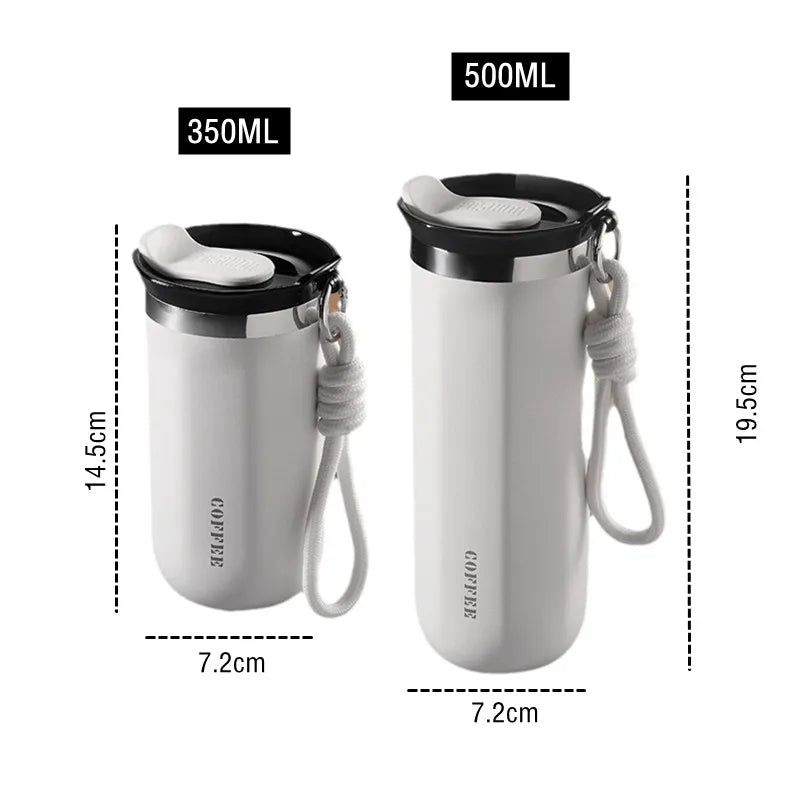 Double Stainless Steel Travel Mug for Coffee/Tea/Cold Drink, Leak Proof with Carry Rope
