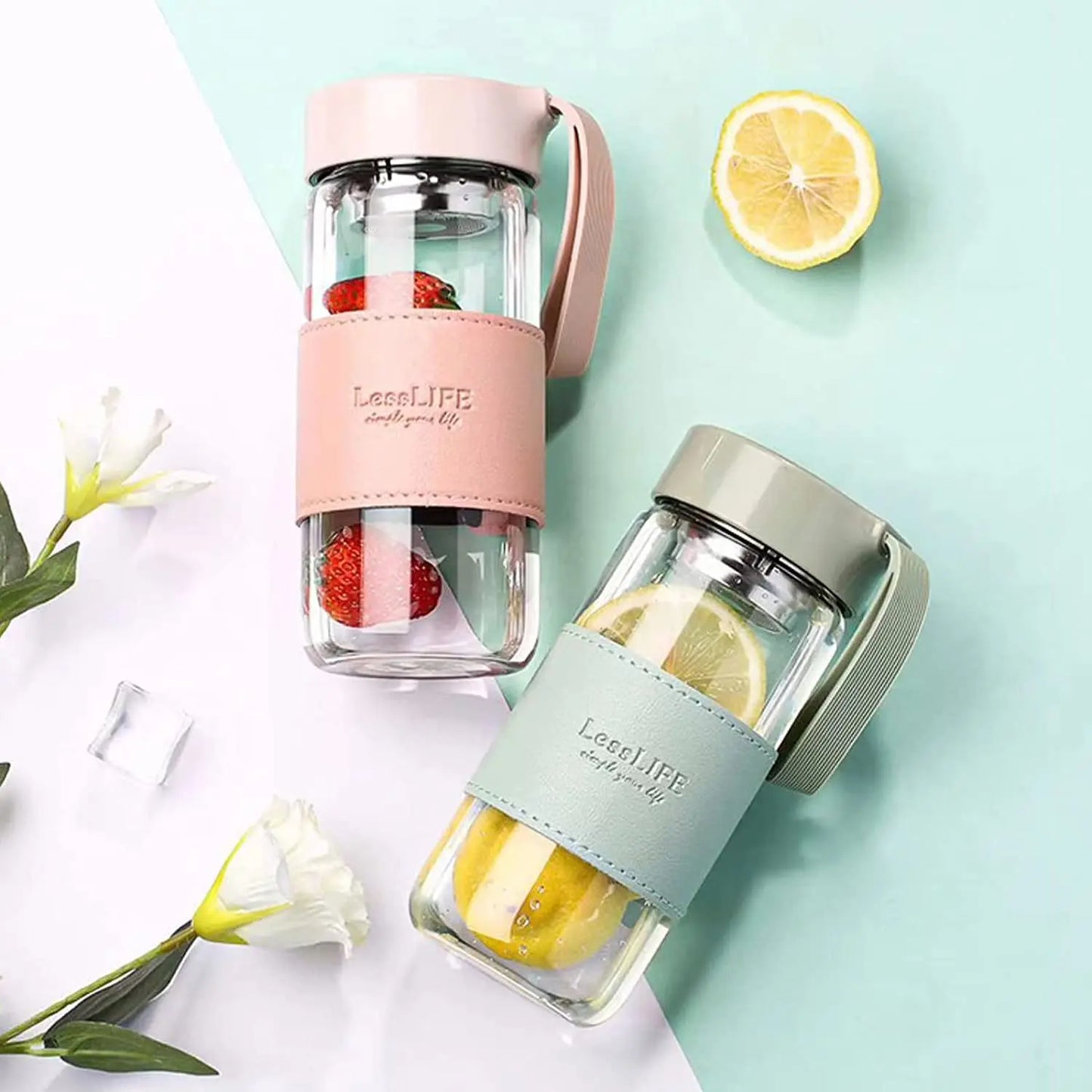 Fashion Green Glass Water Bottle 480ml with Tea Infuser & Insulation Sleeve