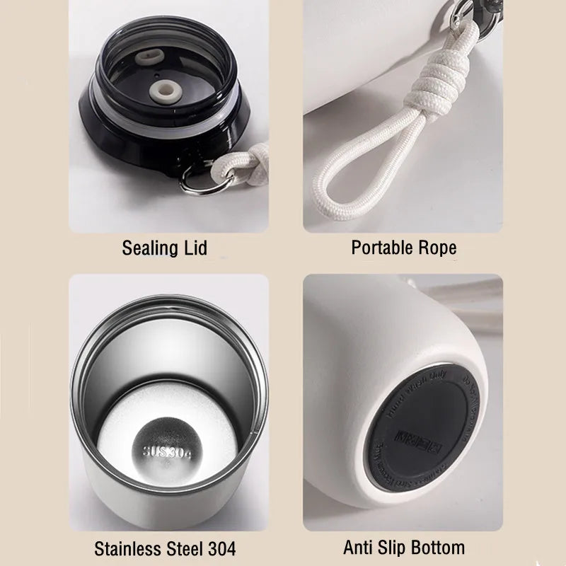Double Stainless Steel Travel Mug for Coffee/Tea/Cold Drink, Leak Proof with Carry Rope