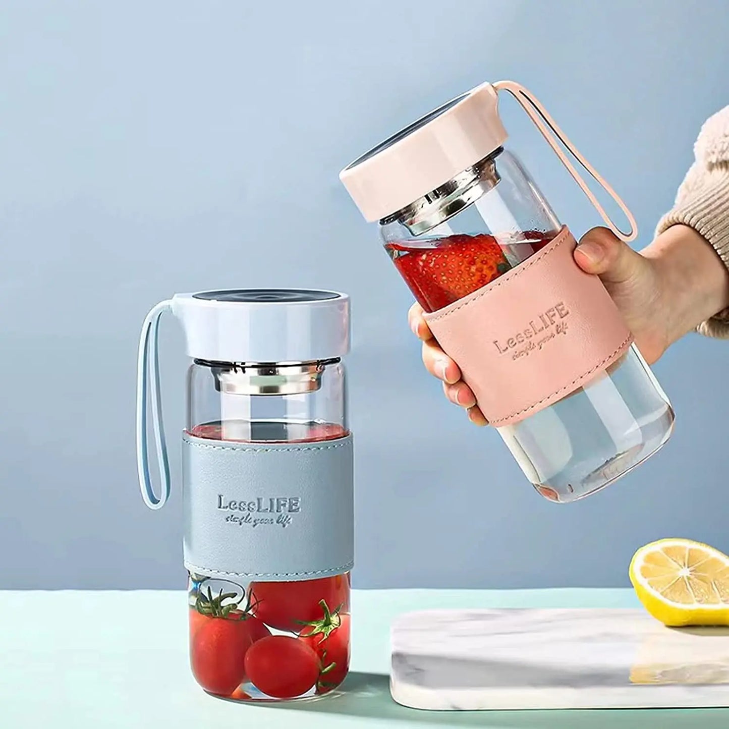 Fashion Green Glass Water Bottle 480ml with Tea Infuser & Insulation Sleeve