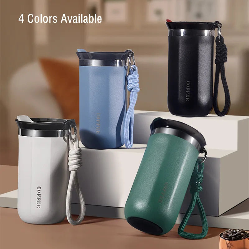 Double Stainless Steel Travel Mug for Coffee/Tea/Cold Drink, Leak Proof with Carry Rope
