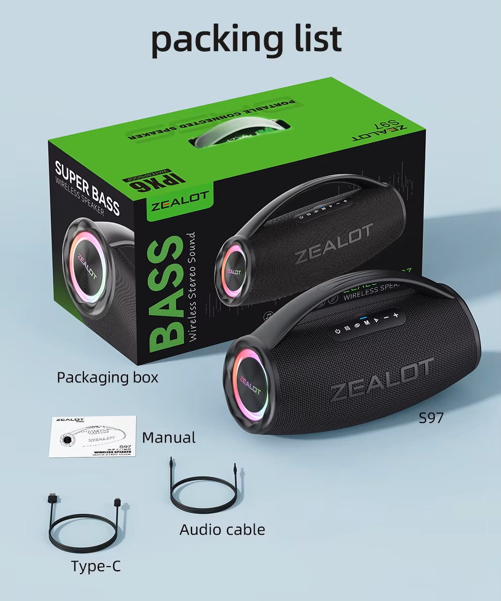 ZEALOT S97 portable speaker with packaging box, manual, and audio cable on a light blue background