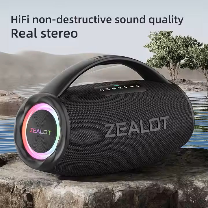 Black Zealot Bluetooth speaker with colorful lighting on a natural background