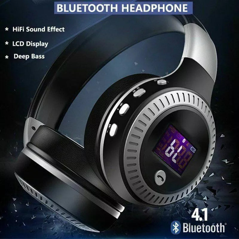 Foldable Stereo Headset with Mic, LCD Display, HiFi Bass, Wireless, and Bluetooth