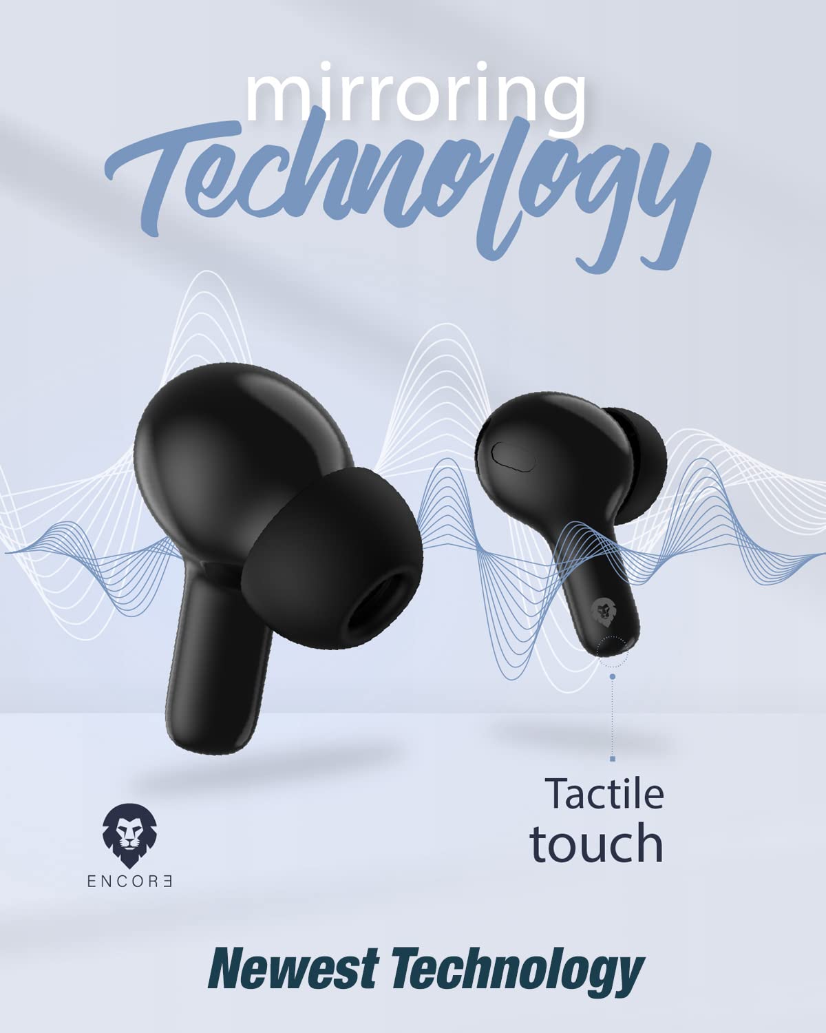 Compact Encore Bluetooth headset with touch controls, fast charging, and extra ear tips