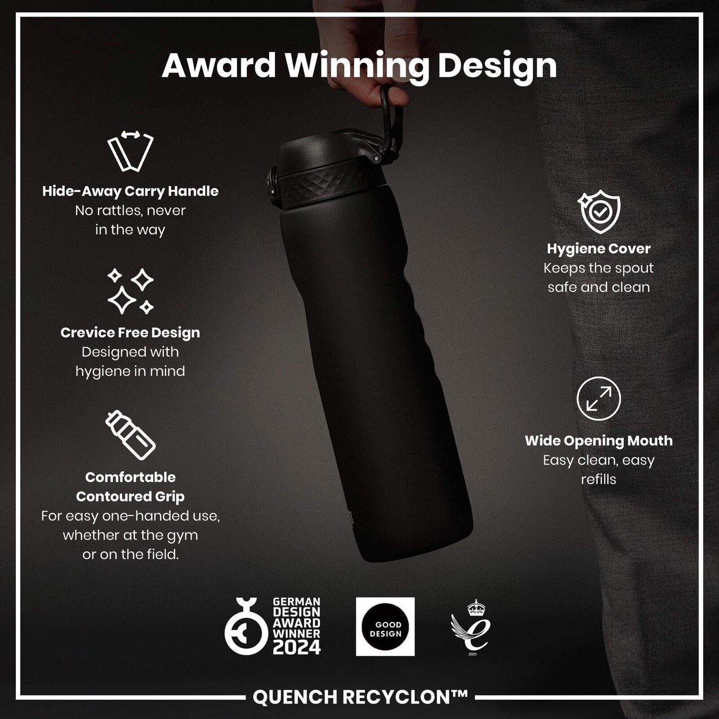 Reusable Ion8 water bottle placed on office desk