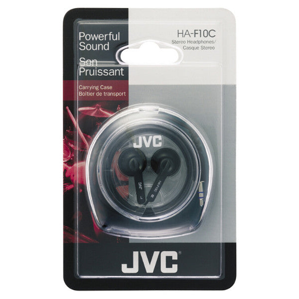 Compact black headphones neatly packed in protective shell case