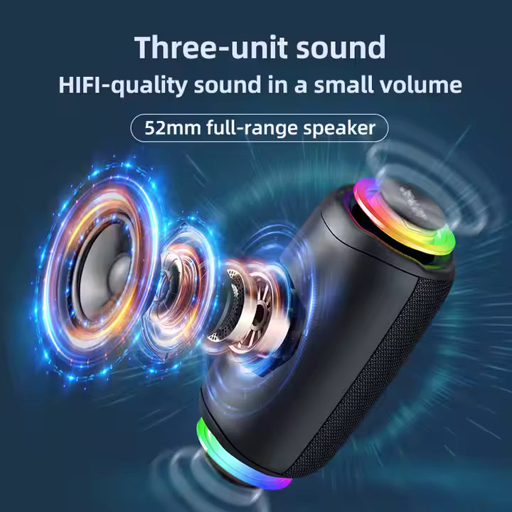 Black portable speaker with colorful lighting effects on a dark blue background, featuring text about HIFI-quality sound.