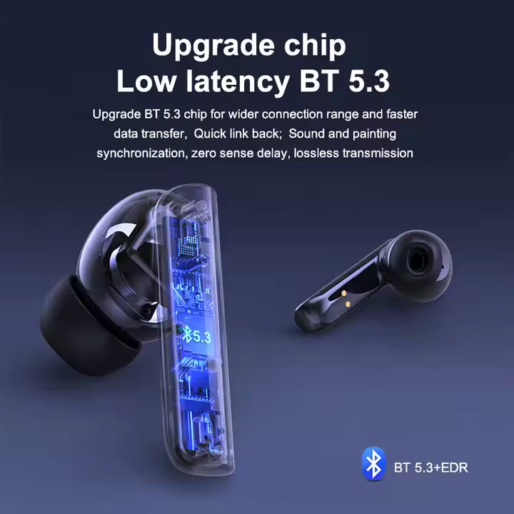 Wireless earbuds with BT 5.3 chip on a dark background
