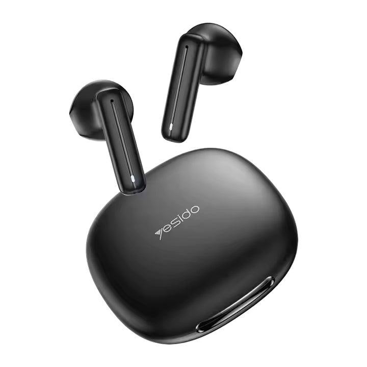 Black wireless earbuds with charging case on a white background, featuring the Yesido brand.