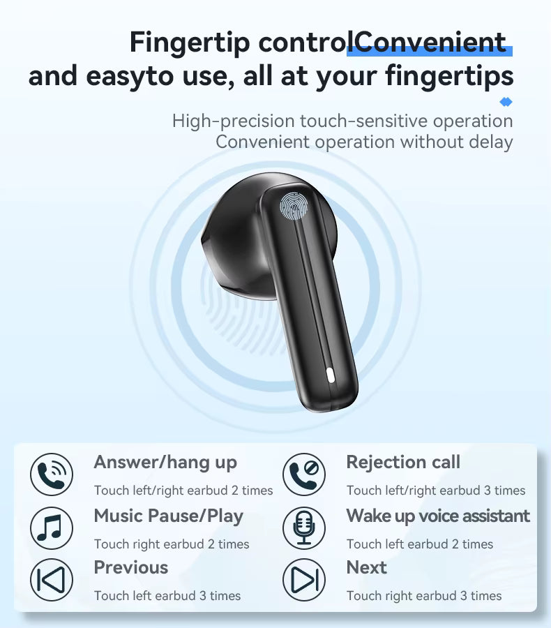 Black wireless earbud with touch controls on a white background