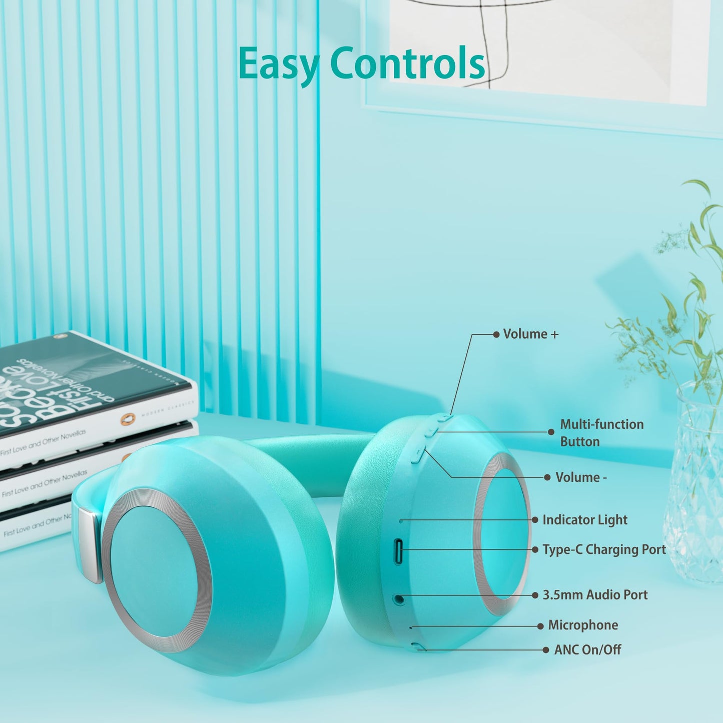 Active Noise Cancelling Bluetooth Over-ear Headphones, 100H Playtime with Microphone