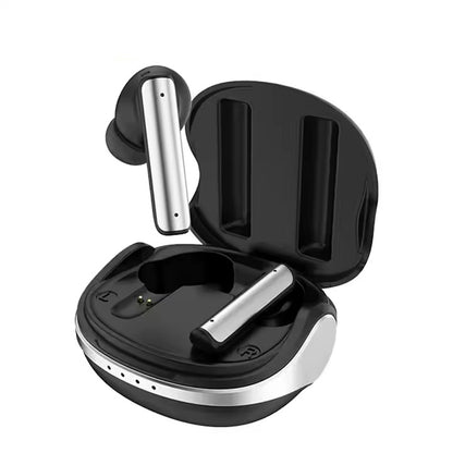Black wireless earbuds with charging case on a white background