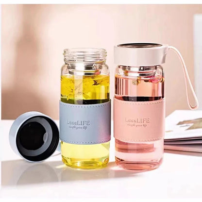 Fashion Green Glass Water Bottle 480ml with Tea Infuser & Insulation Sleeve