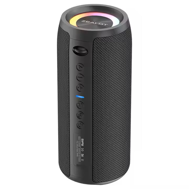 Black portable speaker with colorful LED lights on a white background