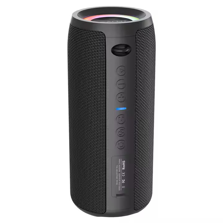 Black portable speaker on a white background