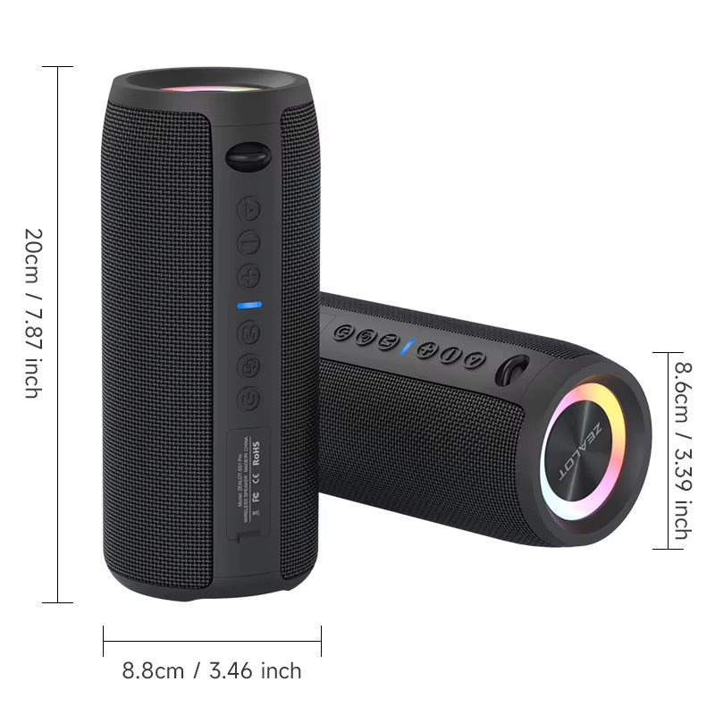 Black portable speaker with dimensions indicated on a white background