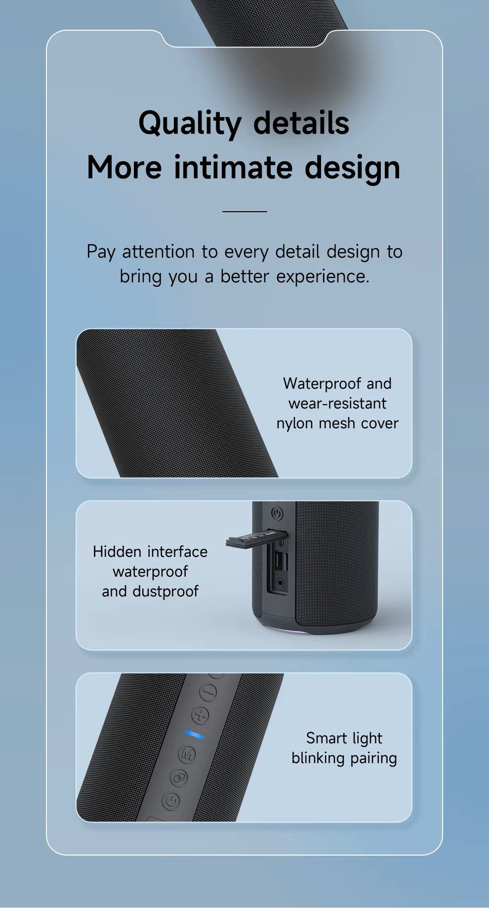 Product features with text on a blue background