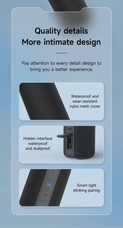 Product features with text on a blue background