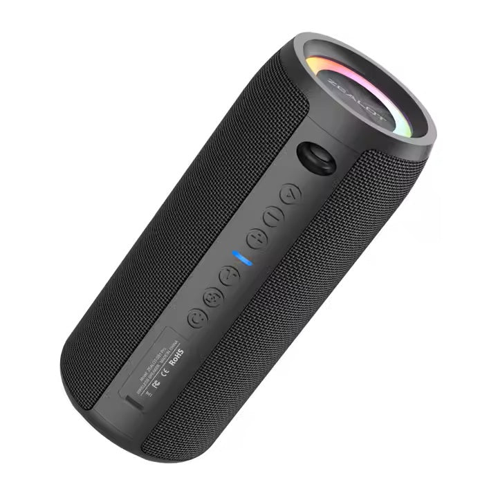Black portable speaker with visible brand logo on a white background