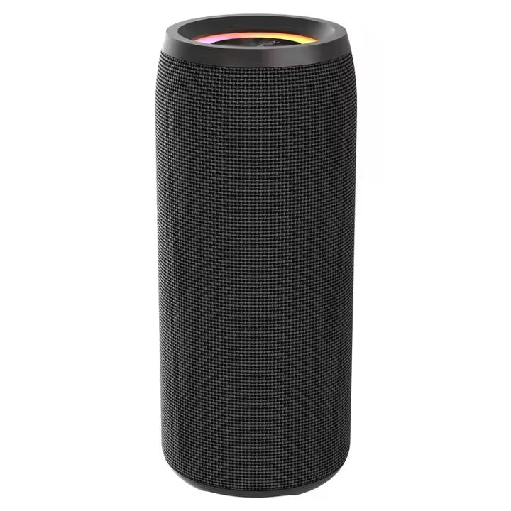 Black cylindrical speaker on a white background