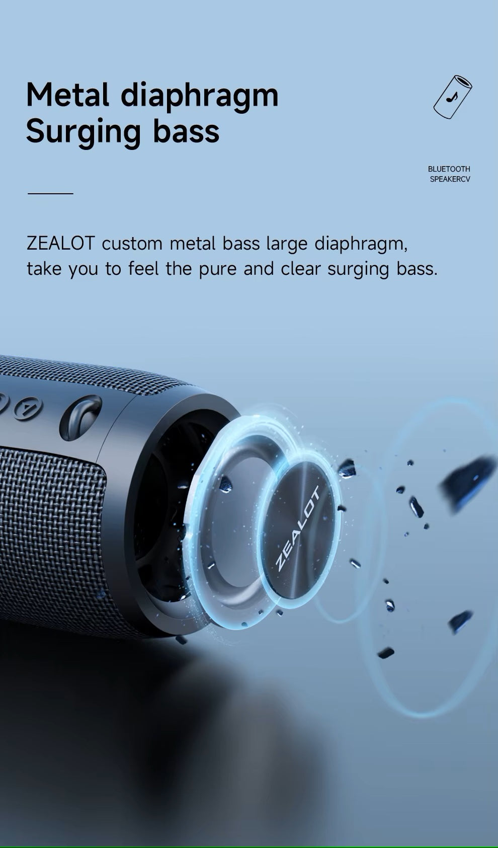 Bluetooth speaker with metal diaphragm and text highlighting 'Metal diaphragm Surging bass' on a blue background.