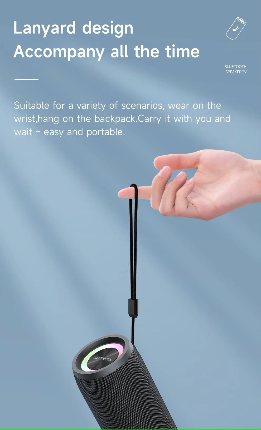 Black portable speaker with lanyard design on a blue background