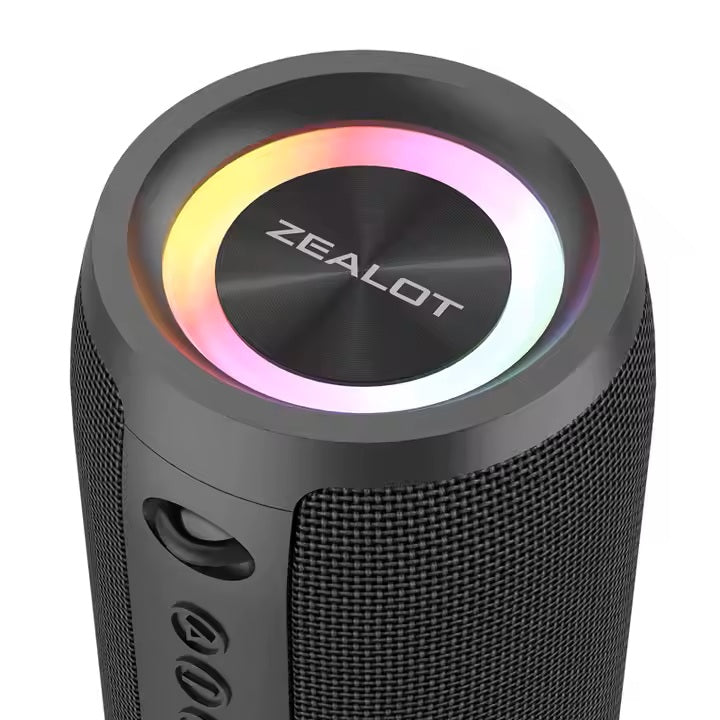 Black Zealot speaker with colorful LED ring on a white background