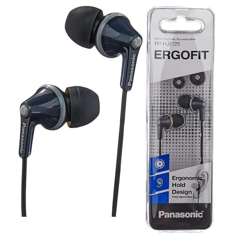 Panasonic RP-HJE125E earbuds in black with tangle-free cable
