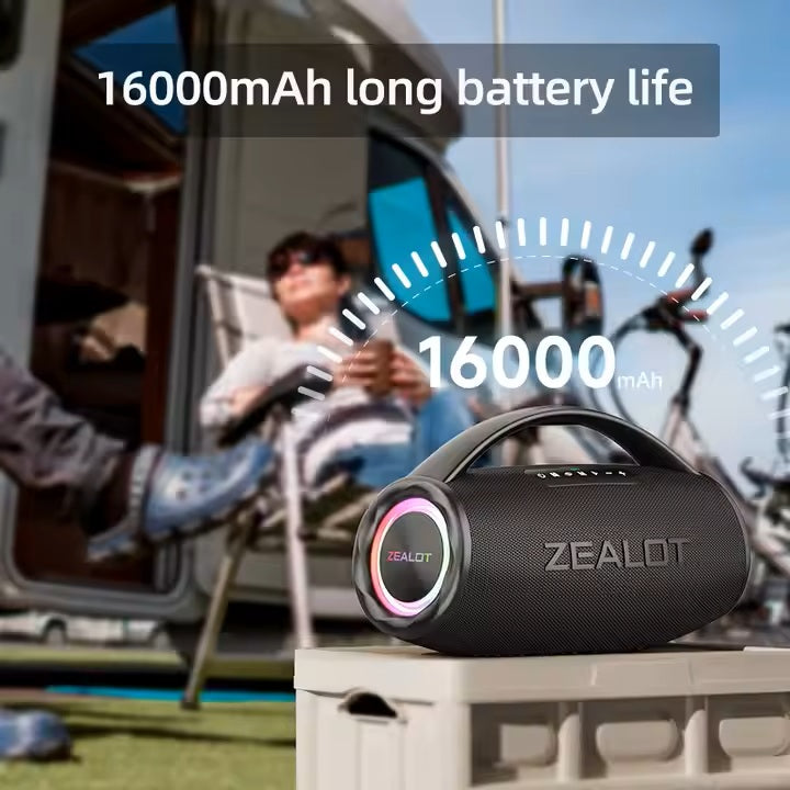 ZEALOT portable speaker with 16000mAh battery life displayed in front of a camping scene.