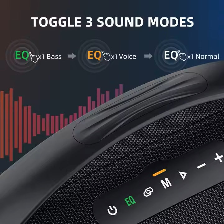 Sound system with toggle for 3 sound modes on a dark background