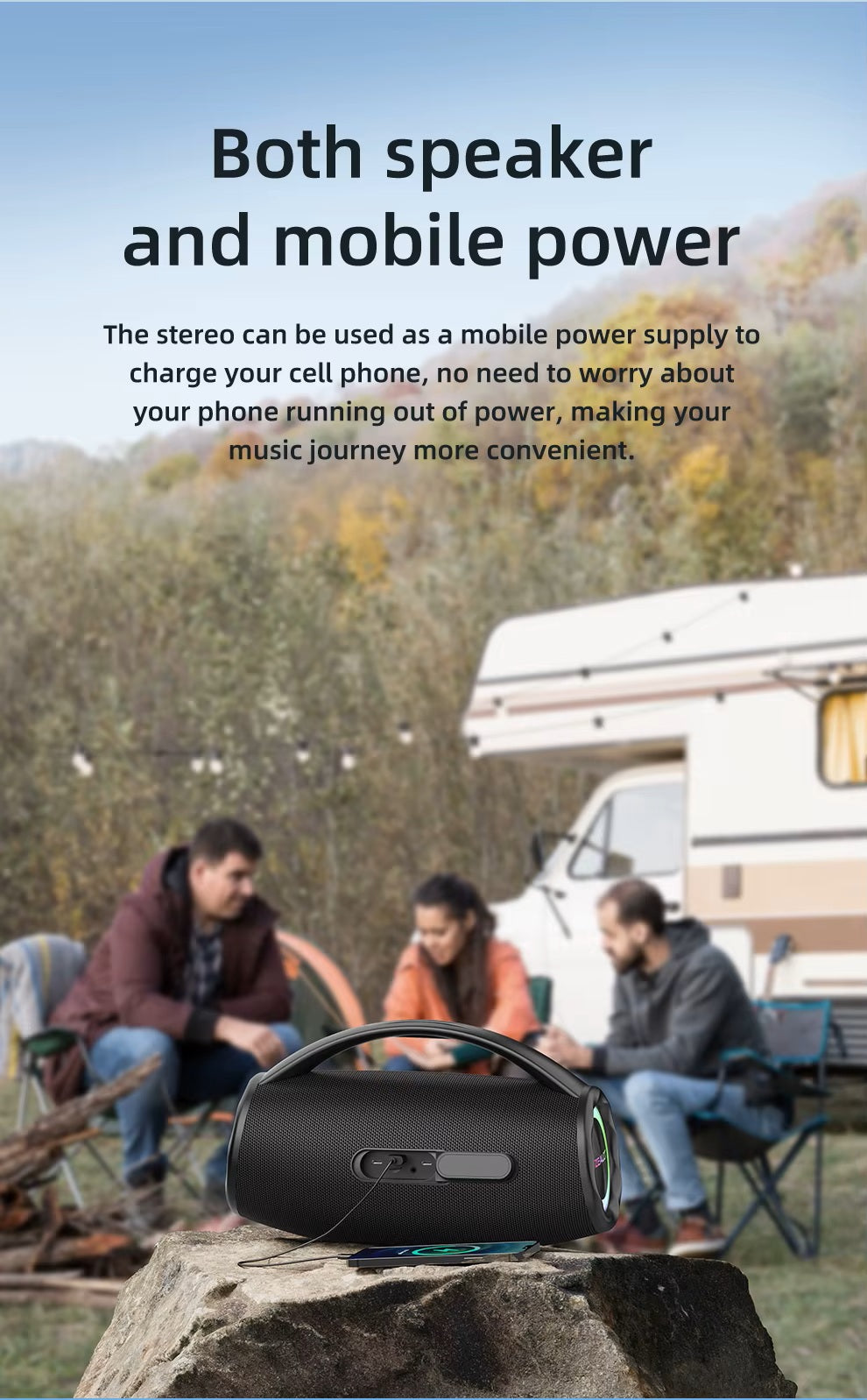 Portable speaker with text about its power supply capabilities in a camping setting