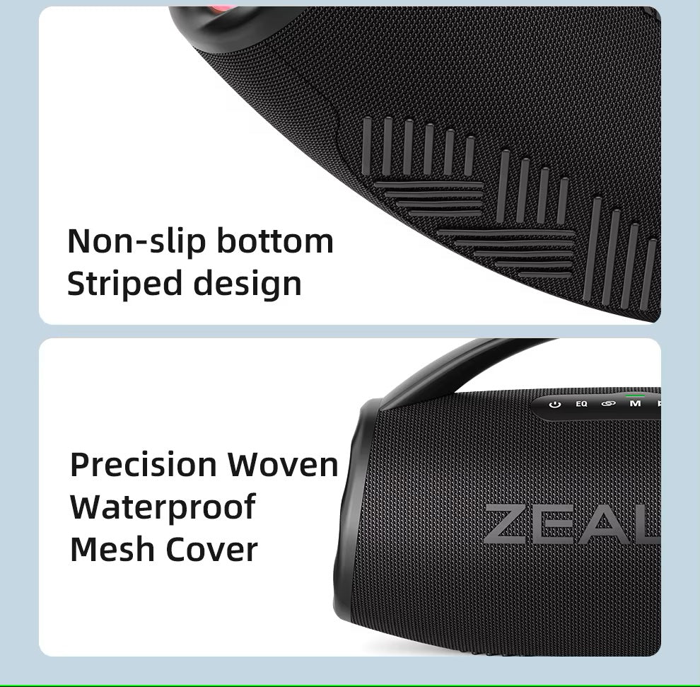 Black speaker with non-slip bottom and striped design, featuring the brand 'ZEAL'.