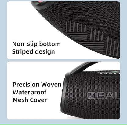 Black speaker with non-slip bottom and striped design, featuring the brand 'ZEAL'.