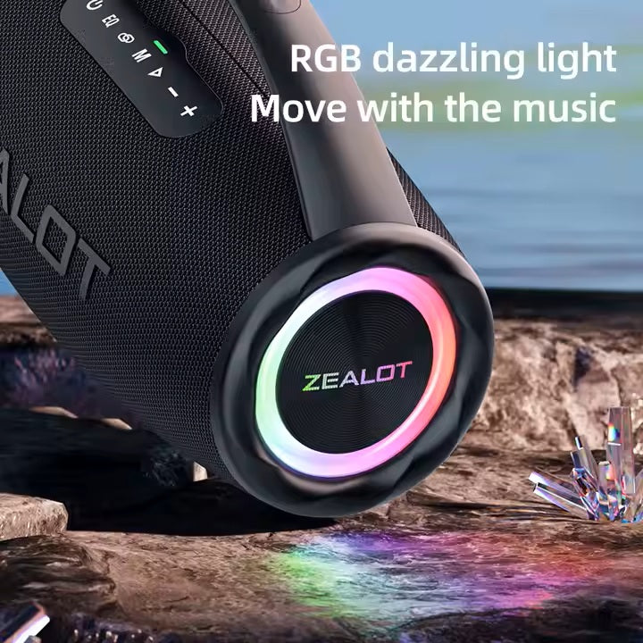 Zealot Bluetooth speaker with RGB lighting on a natural background