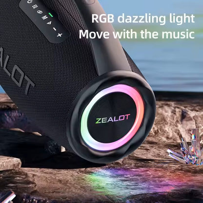 Zealot Bluetooth speaker with RGB lighting on a natural background