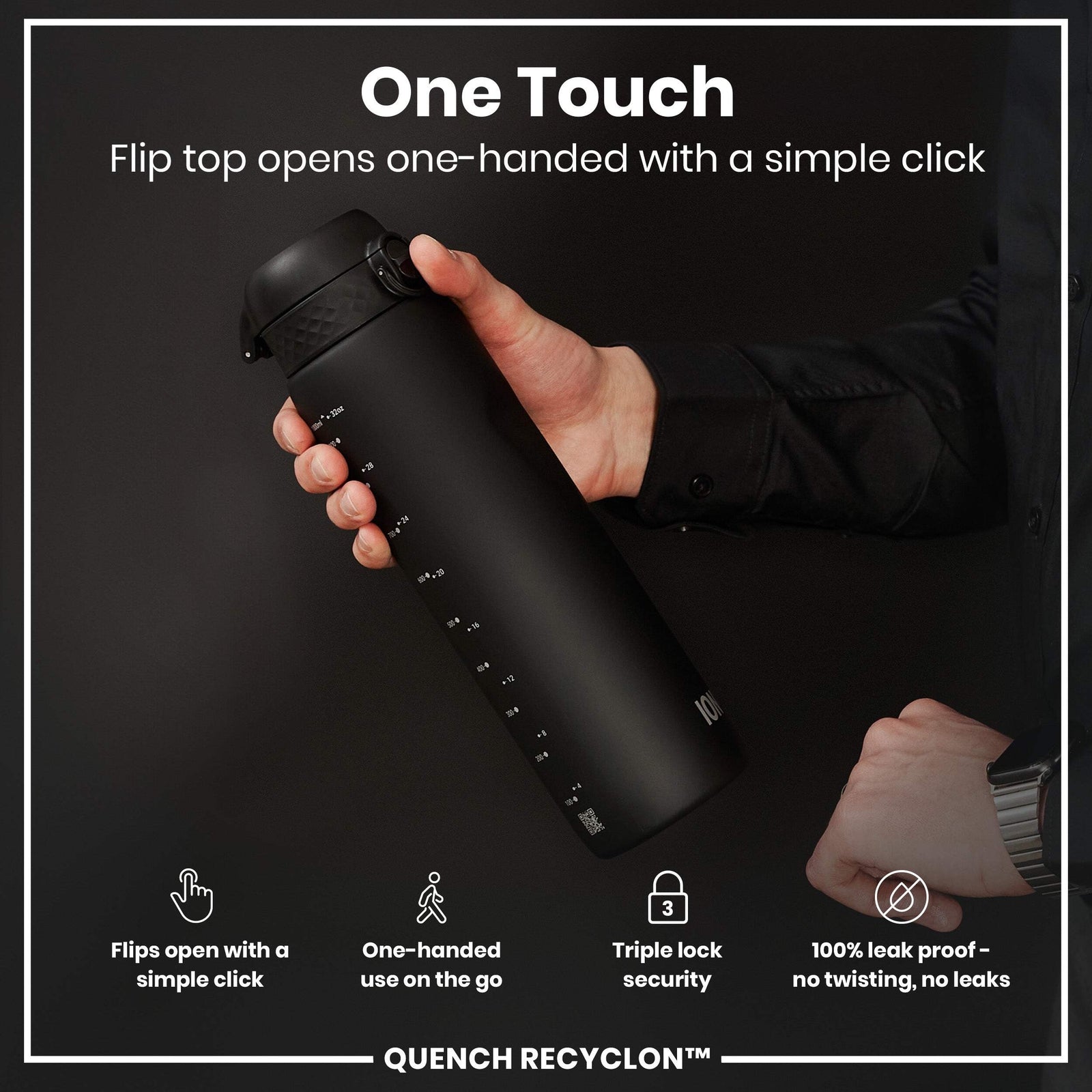 One-touch open Ion8 Recyclon bottle with built-in carry loop