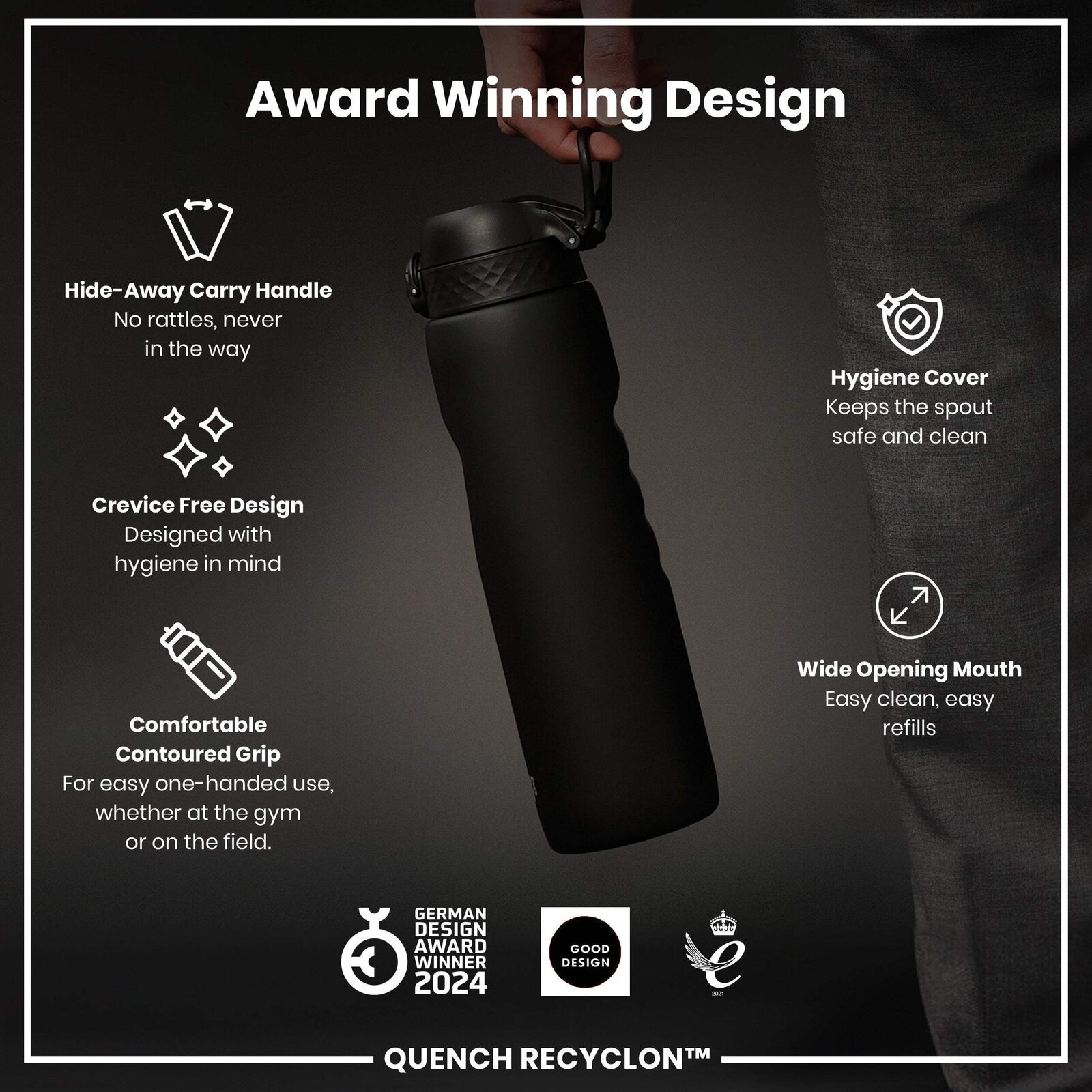 Reusable Ion8 water bottle placed on office desk