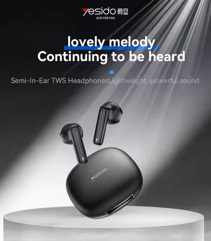Semi-in-ear TWS headphones with charging case on a dark background, featuring the Yesido brand.